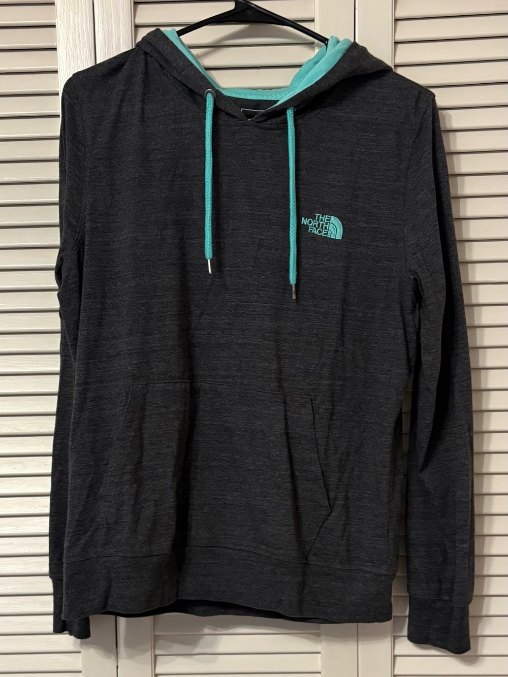 The North Face Women's XL Charcoal Zip-Up Hoodie with Teal Accents